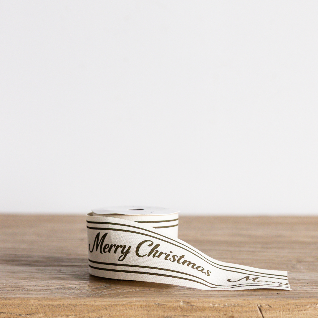 Olive Green Cursive Writing Merry Christmas Ribbon: Small