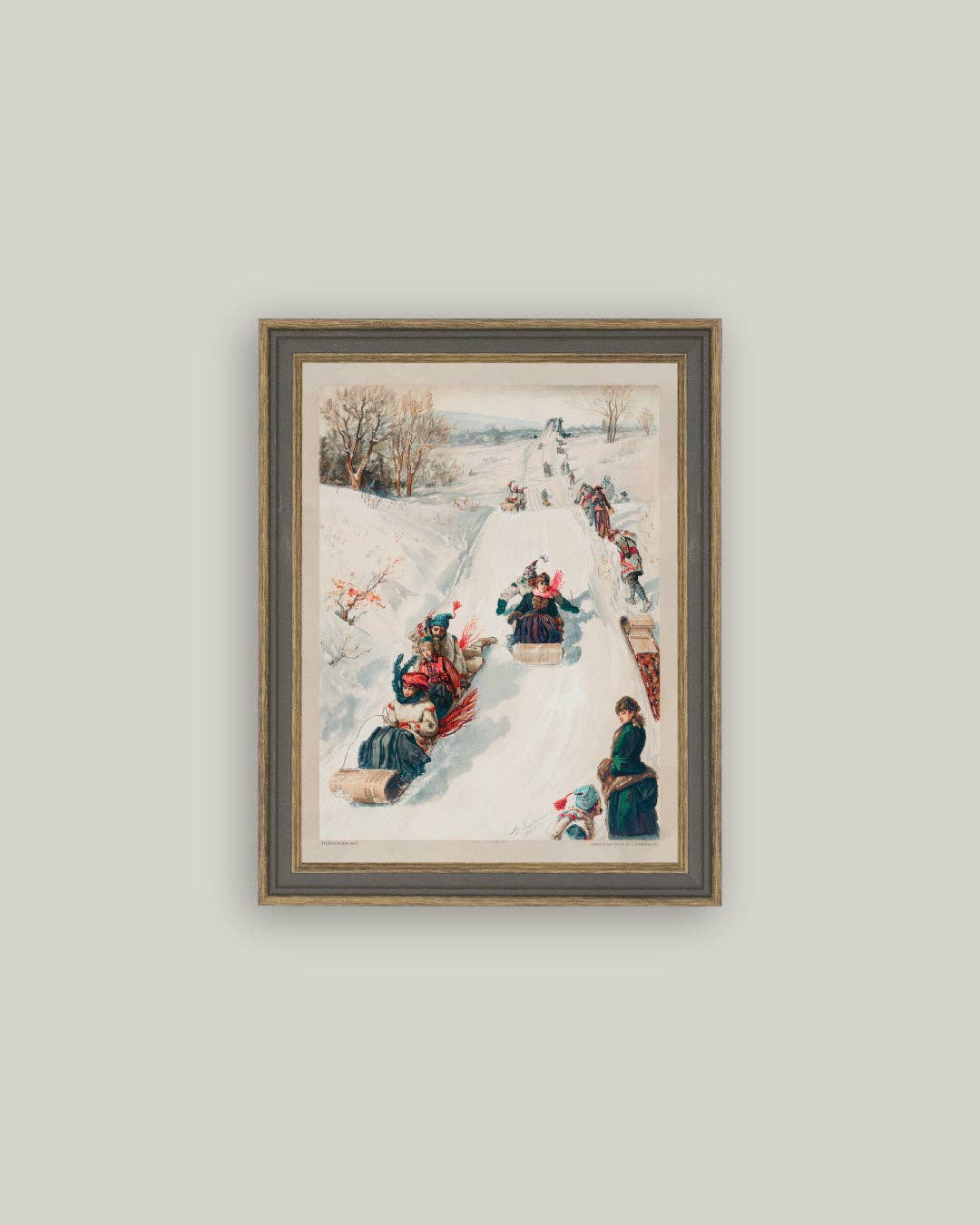 Tobagganing Framed Antique Art: 4x6