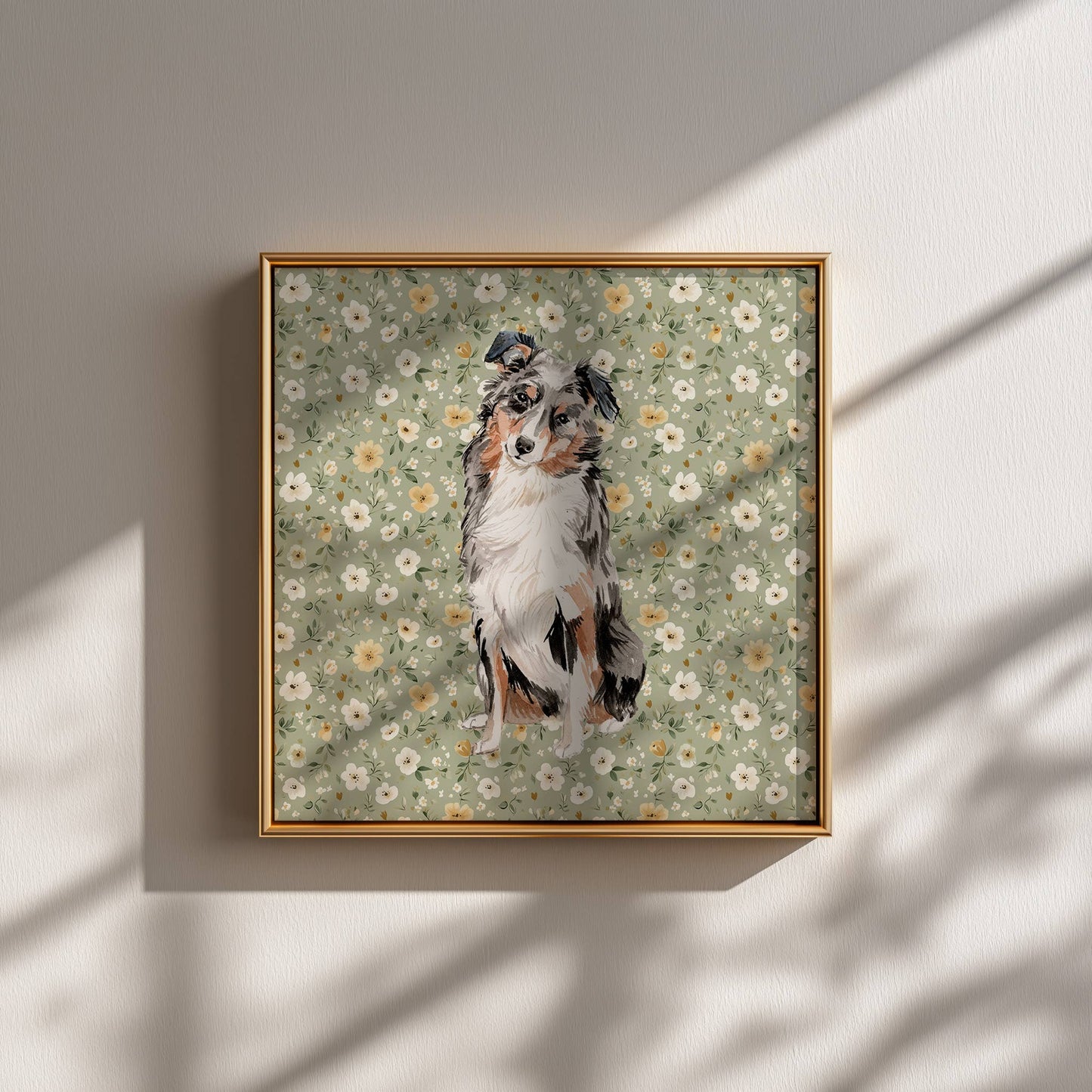 Australian Shepherd Print with Sage Floral Background: 5" x 7" (vertical)