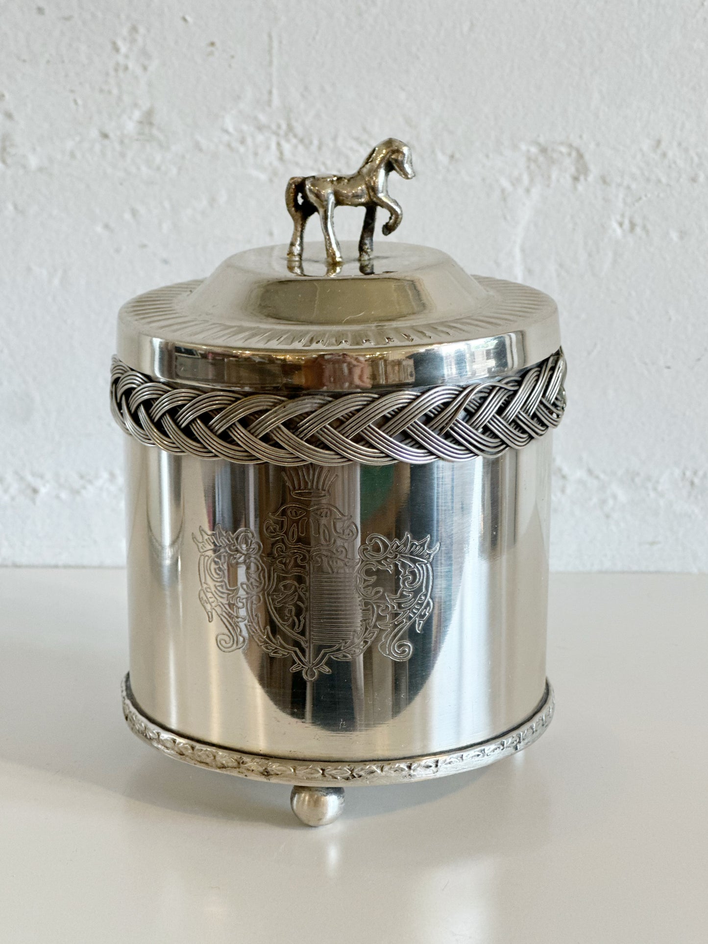 Antique Silver Style Braided Canister with Horse