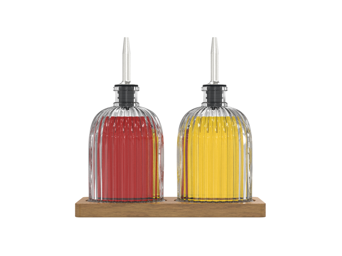 Fluted Glass Cruets w/ Acacia Base