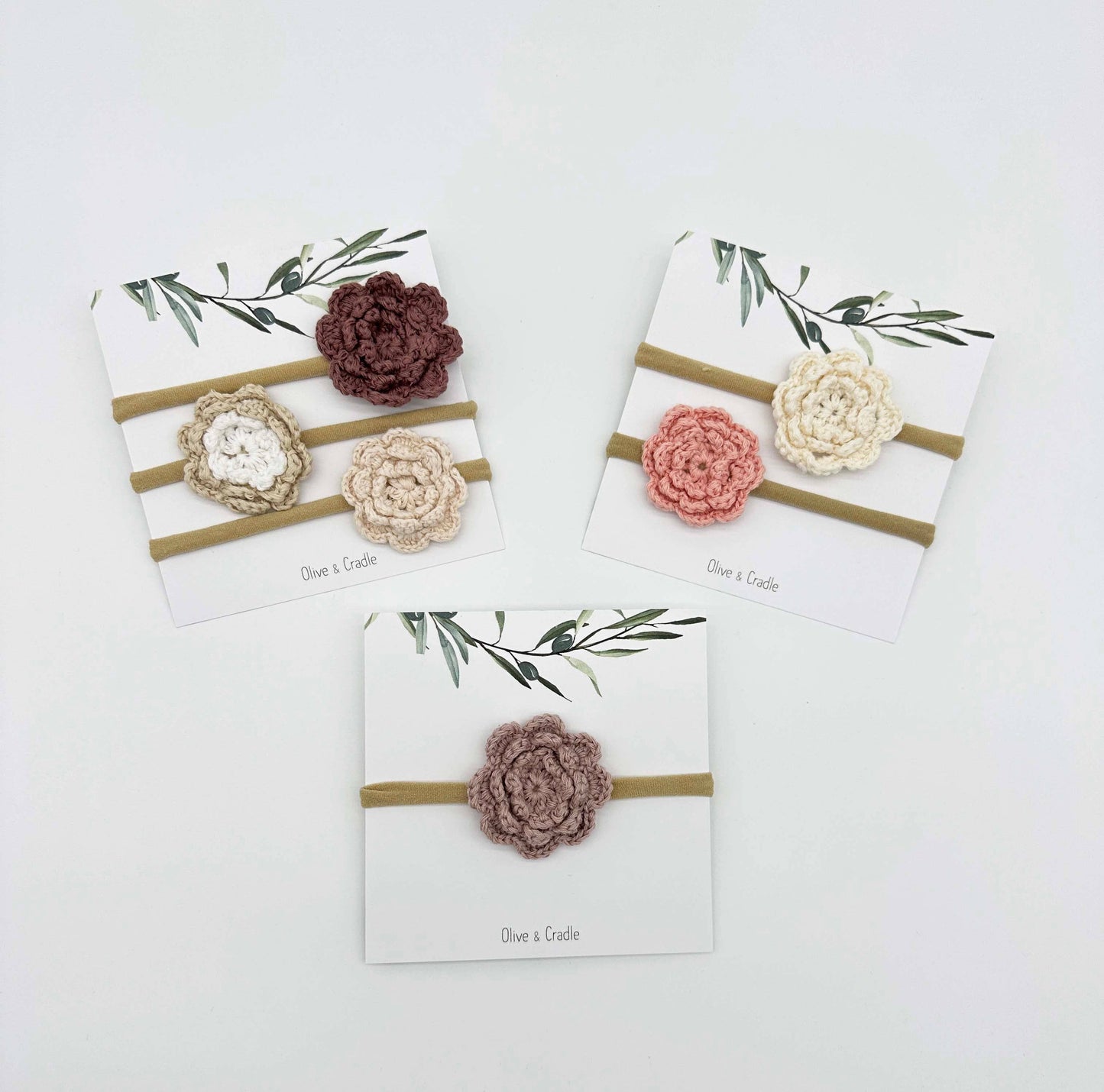 Crochet Flower Headband: With Card / Milk-white / Triple Flower