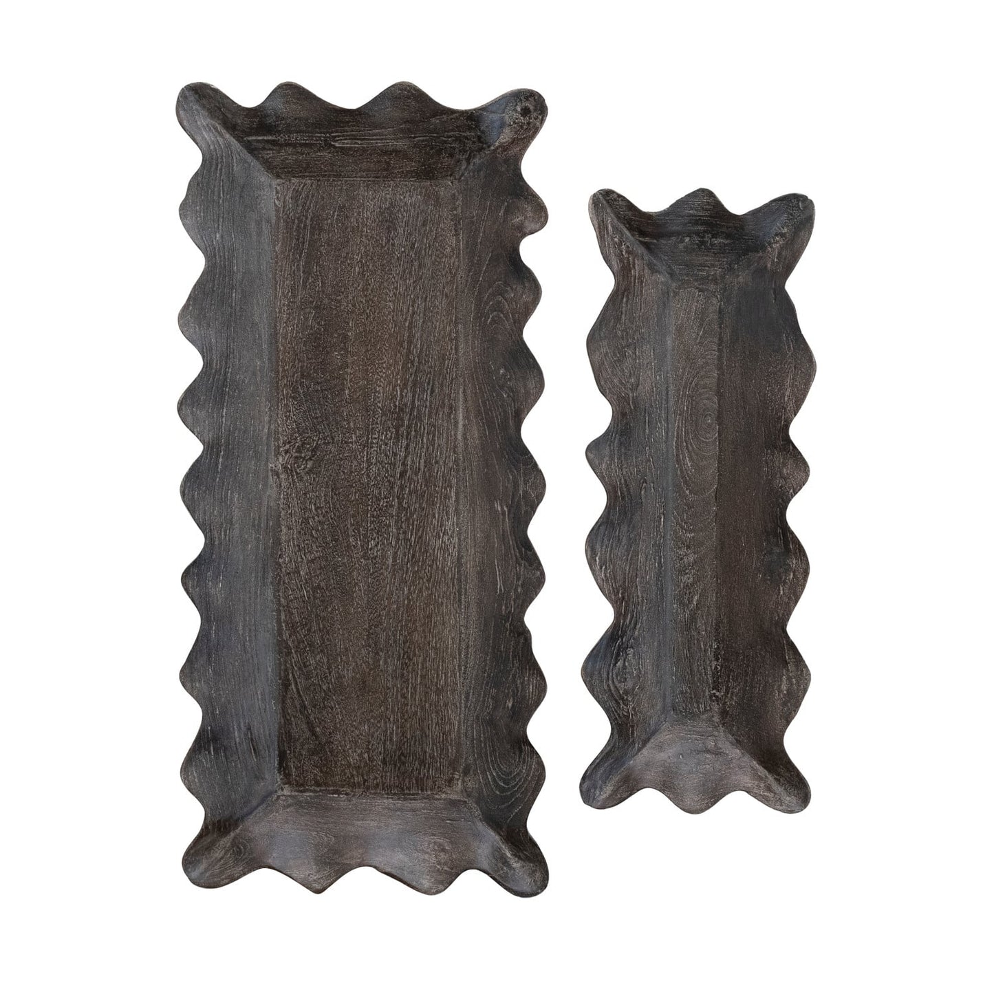 Mango Wood Scalloped Trays, Distressed Black, Set of 2