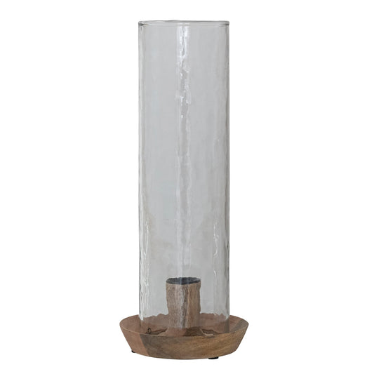 Mango Wood Taper Holder with Hammered Glass Hurricane