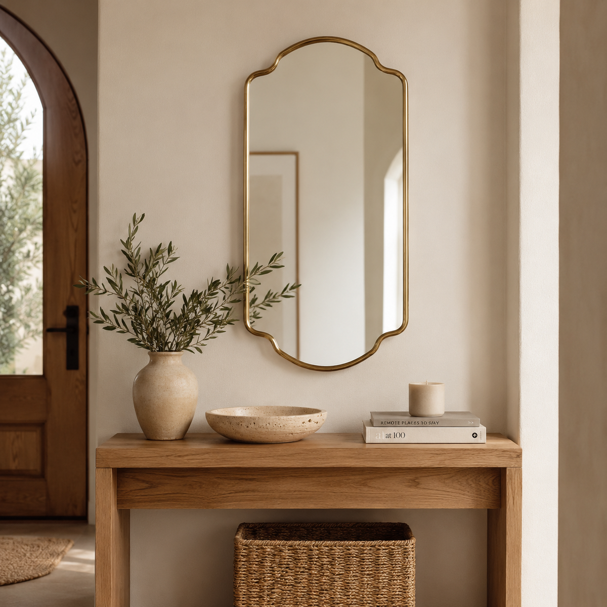 Handmade Antique Brass Arched Wall Mirror | Moroccan Brass Vanity Mirror: 27.5" H × 17.7" W