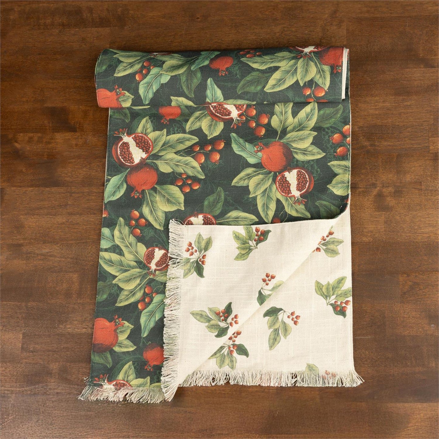 Reversible Pomegranate and Holly Print Table Runner