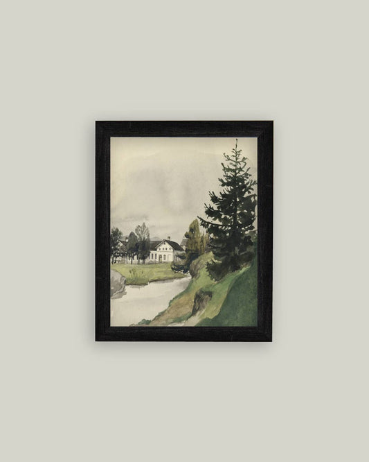 Muted Watercolor Lakeside Framed Antique Art: 7x9