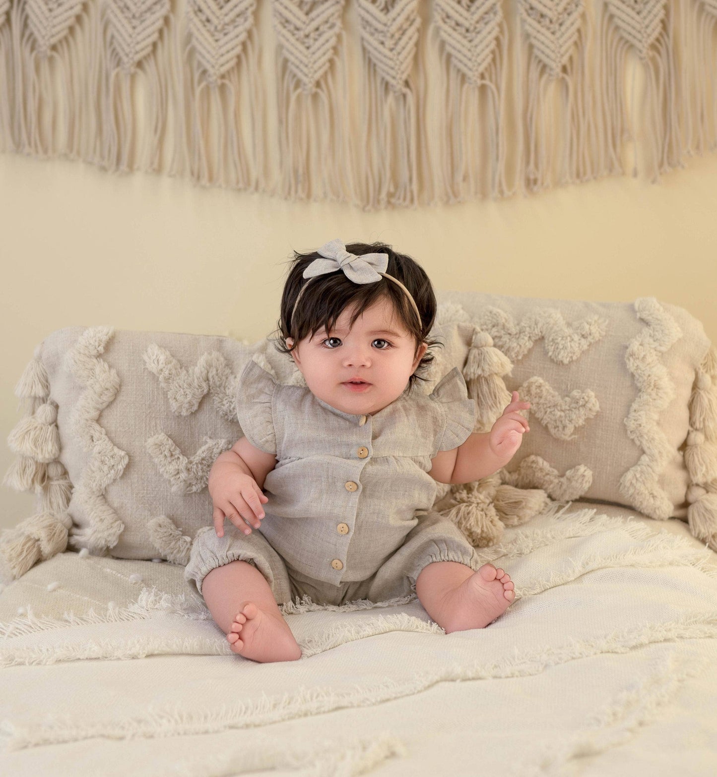 Jennifer Linen Jumper + Bow: Oat| Natural Linen / 18-24 monthsUS numeric