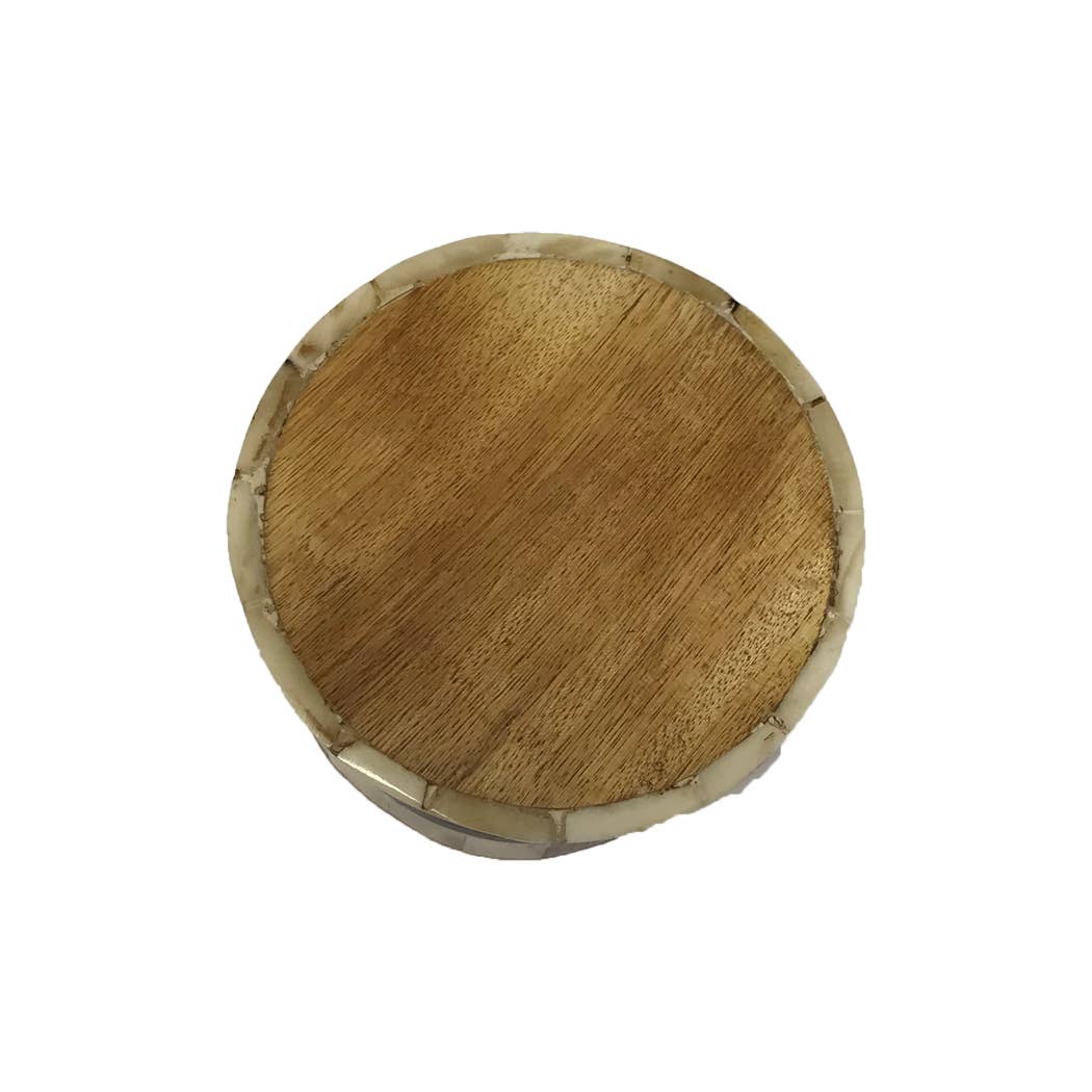 2-1/2" Antiqued Round Bone and Wooden Box, Brass Pull on Top