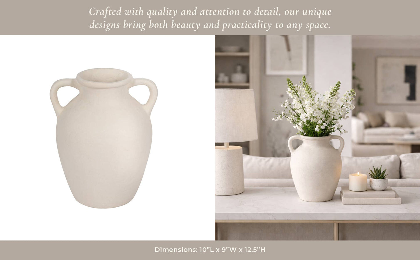 Ivory Paper Mache Amphora Round Vase with Handles