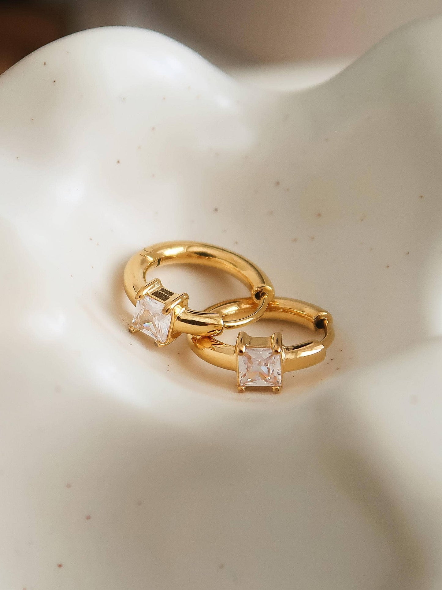 Adhara 18K Gold Non-Tarnish CZ Huggie Earrings: Yellow Gold / Rectangle