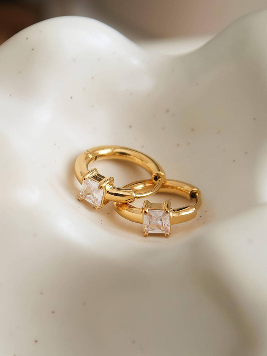 Adhara 18K Gold Non-Tarnish CZ Huggie Earrings: Yellow Gold / Square
