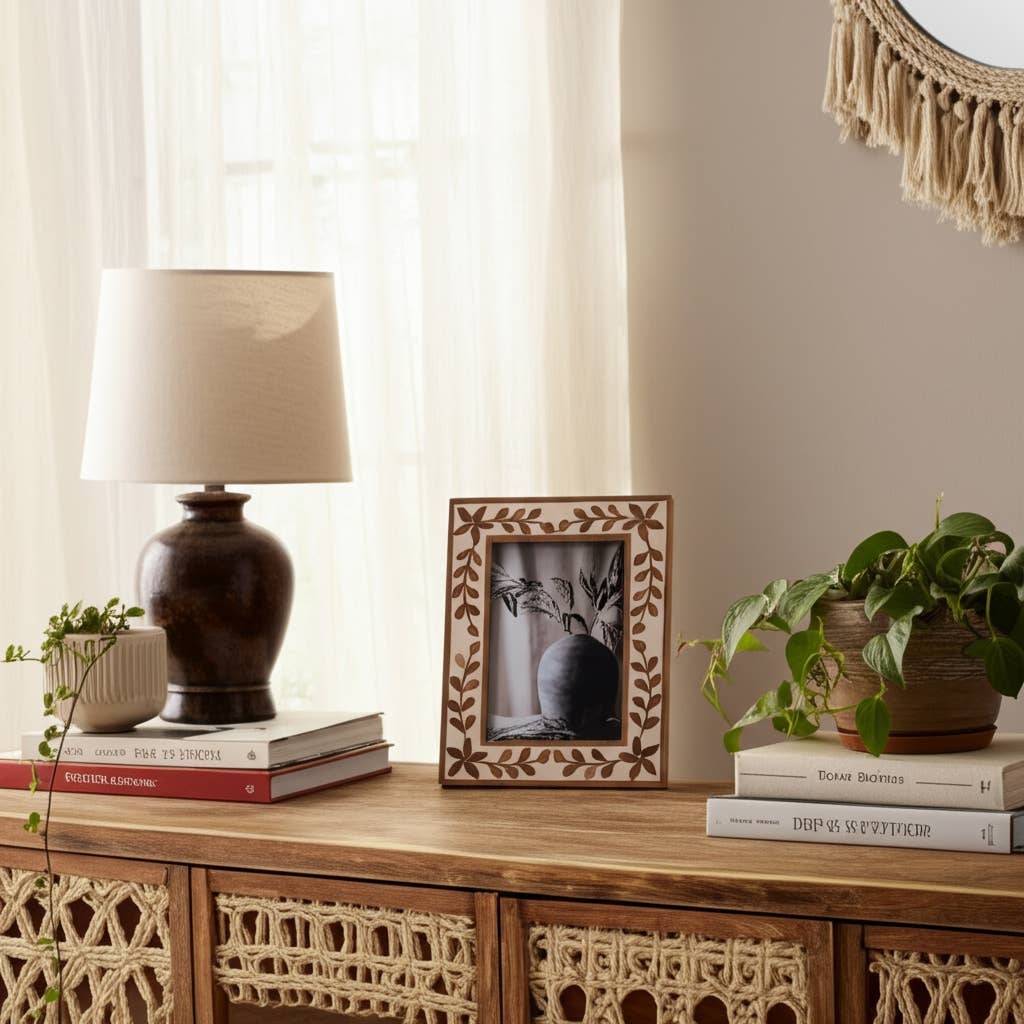 Wood Etched Leaf Inlay Vine Photo Frame - Brown, 5x7 in.