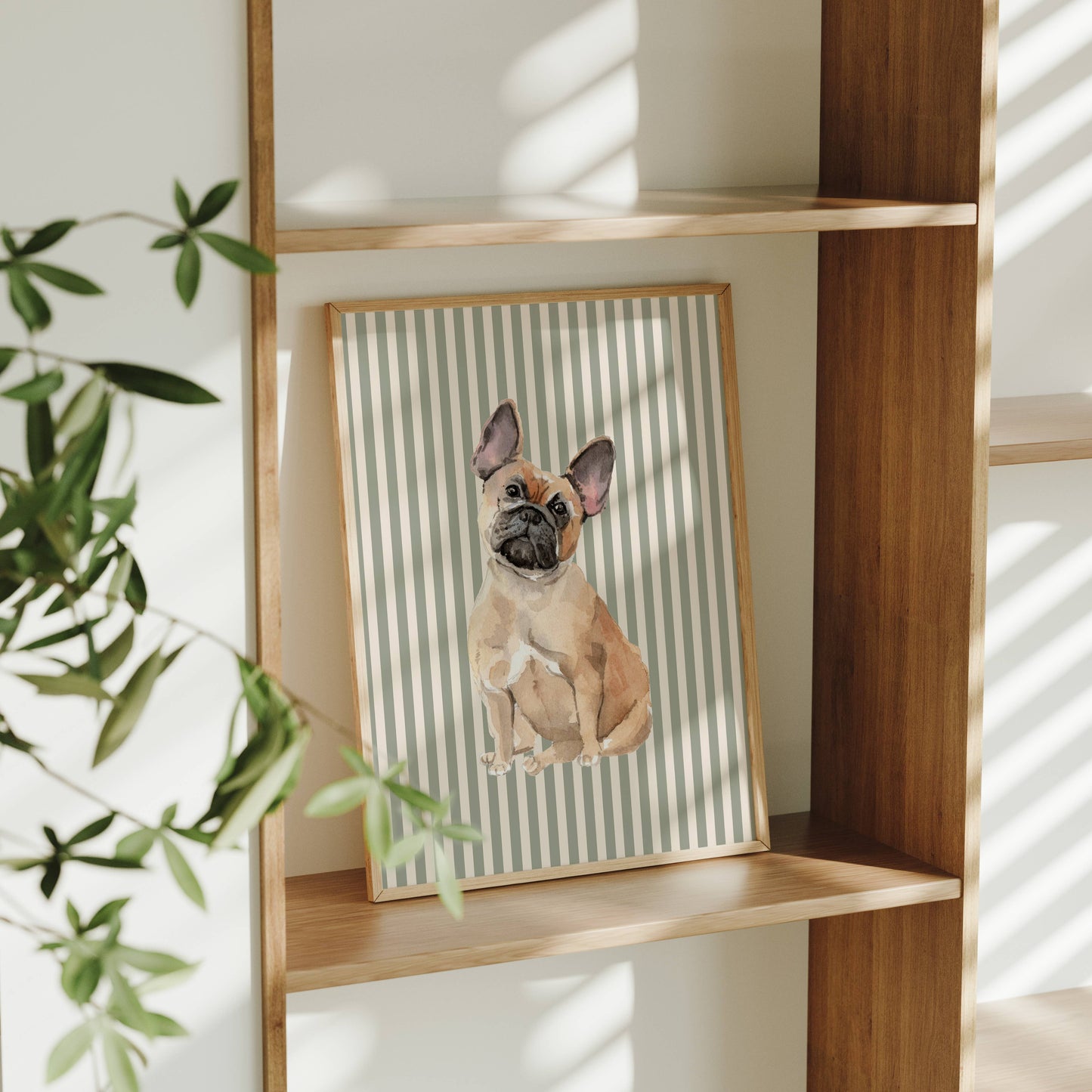 French Bulldog Print with Sage Green Stripe Background: 5" x 7" (vertical)