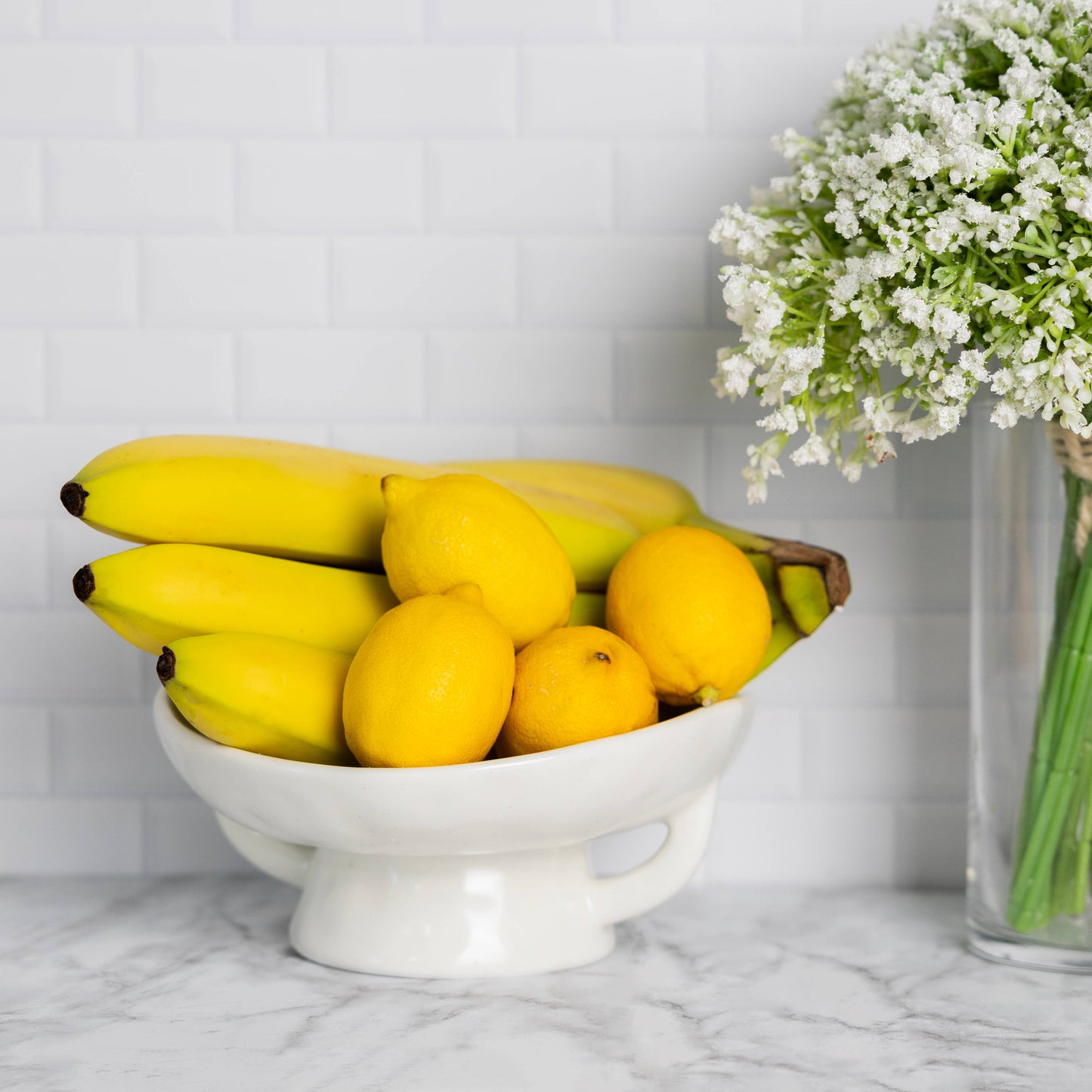 White Ceramic Fruit Bowl, 3.5" x 8" x 9"