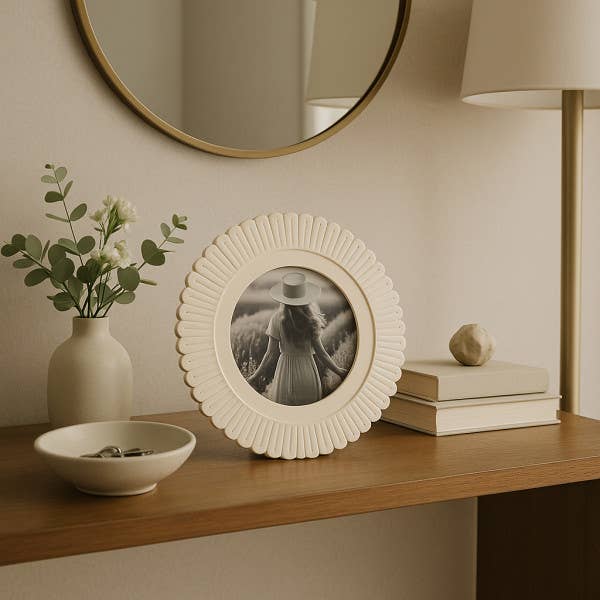 Photo Frame - Ivory Resin Round Solid Etched Petal, 4x4 in.