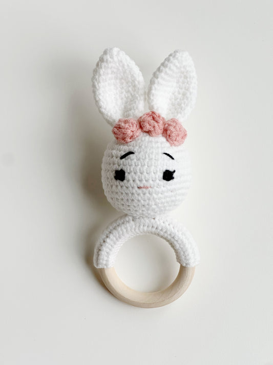 White Floral Bunny Hand Crocheted Rattle