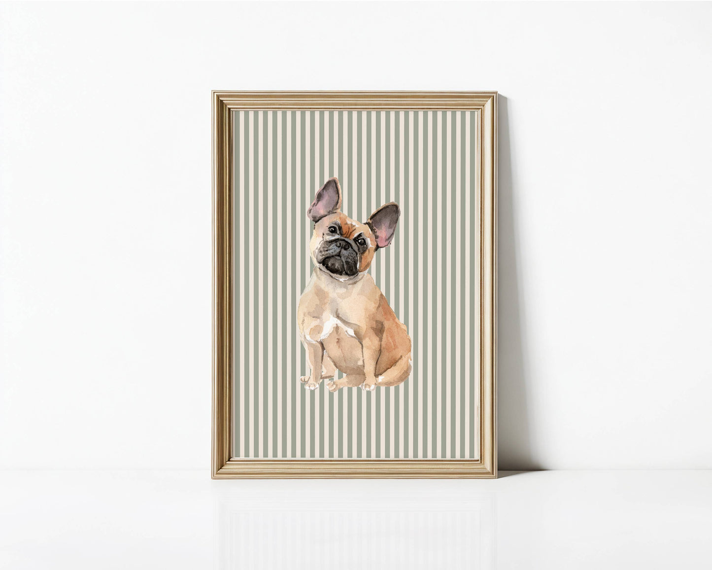 French Bulldog Print with Sage Green Stripe Background: 5" x 7" (vertical)