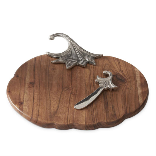 WOOD PUMPKIN CHEESE TRAY W/METAL STEM & SPREADER