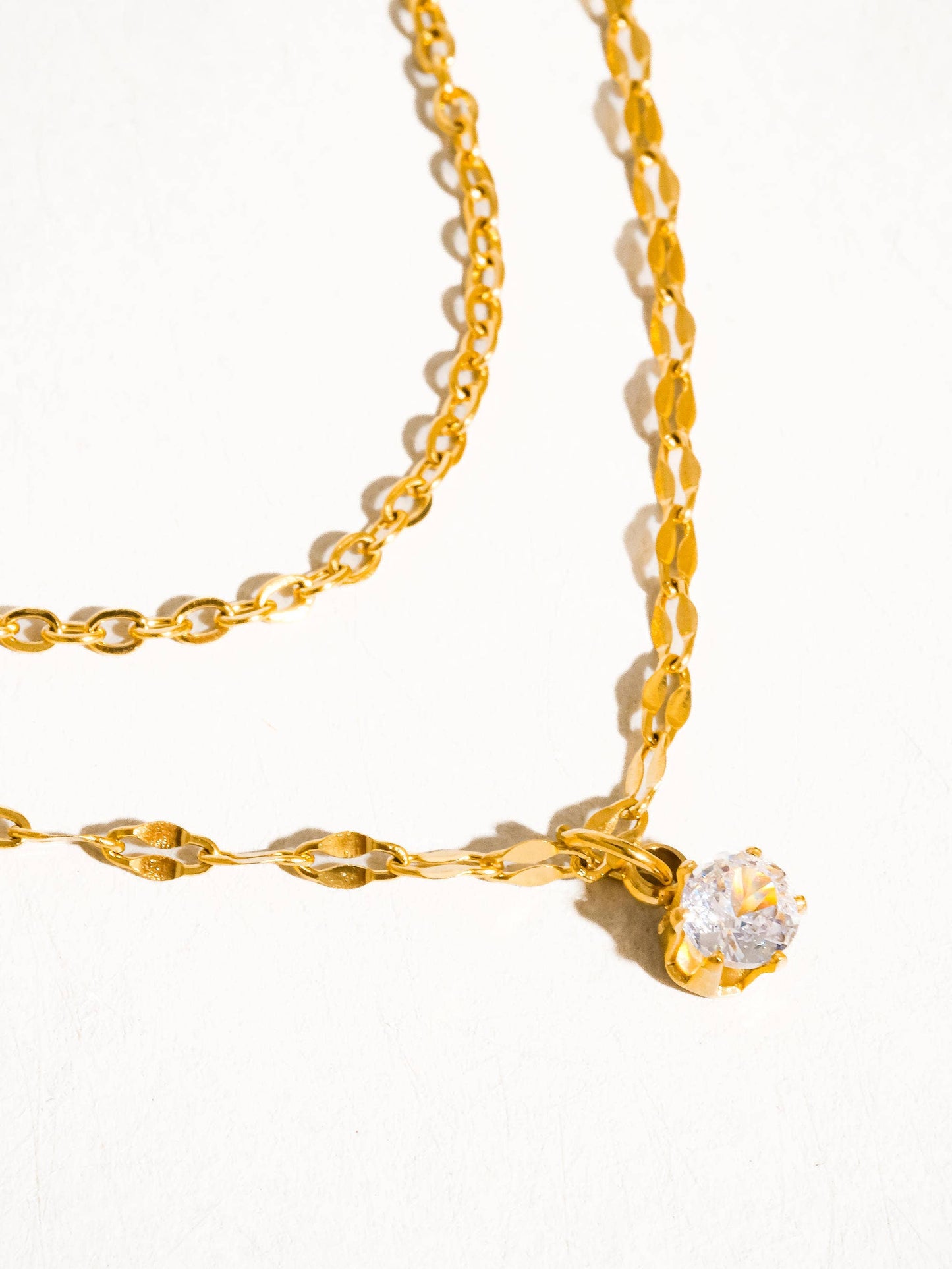Cerise 18K Gold Non-Tarnish CZ Stone Stacked Necklace: Yellow Gold