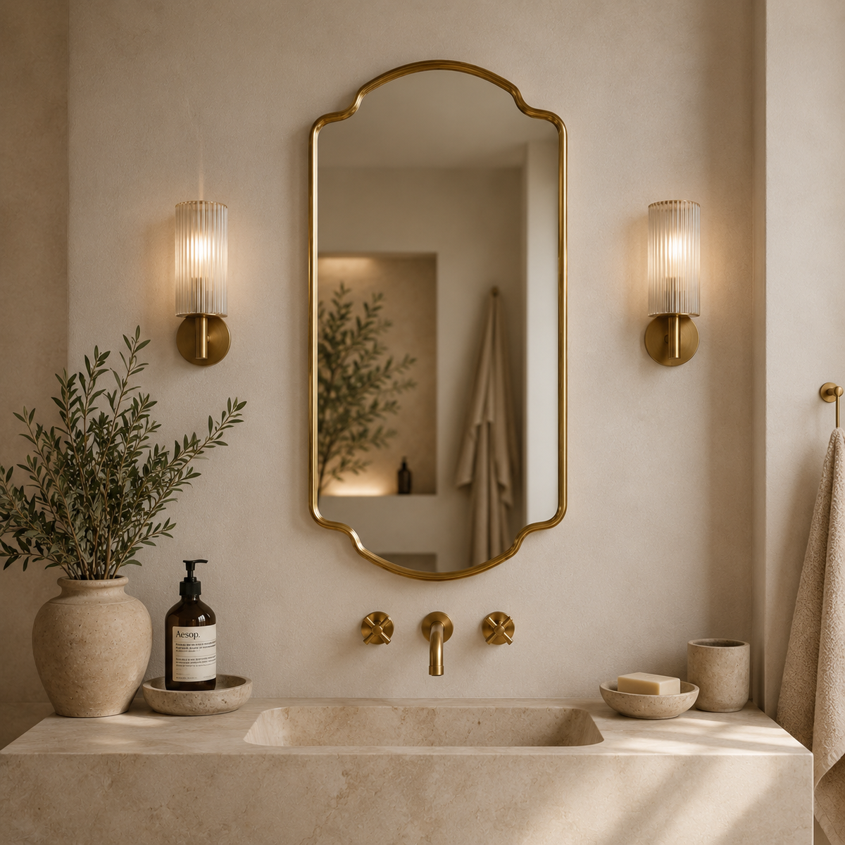 Handmade Antique Brass Arched Wall Mirror | Moroccan Brass Vanity Mirror: 27.5" H × 17.7" W