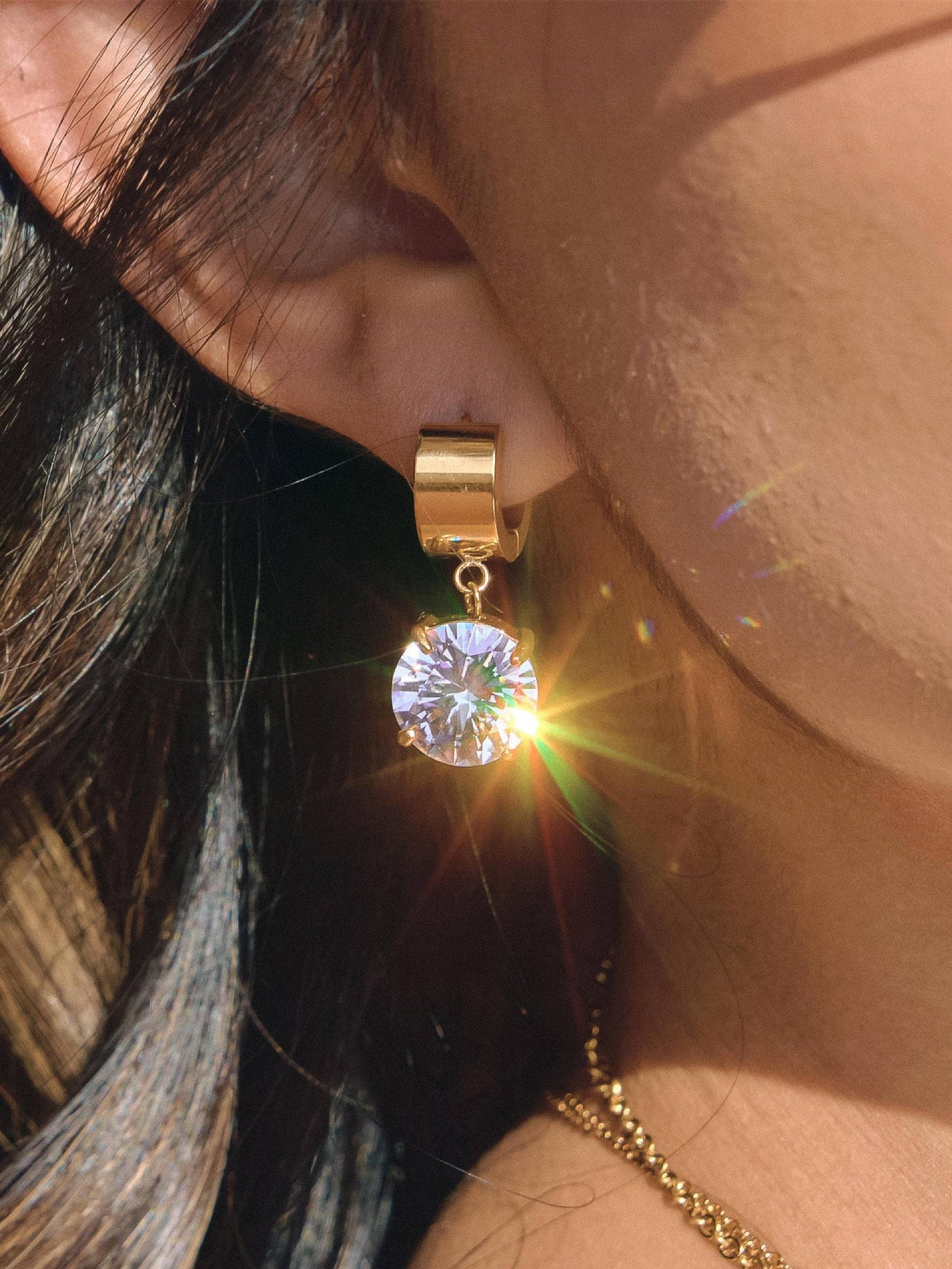 Glissade 18K Gold Non-Tarnish CZ Drop Huggie Earrings: Yellow Gold / C-Round