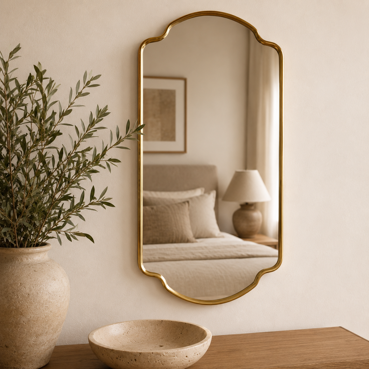 Handmade Antique Brass Arched Wall Mirror | Moroccan Brass Vanity Mirror: 27.5" H × 17.7" W