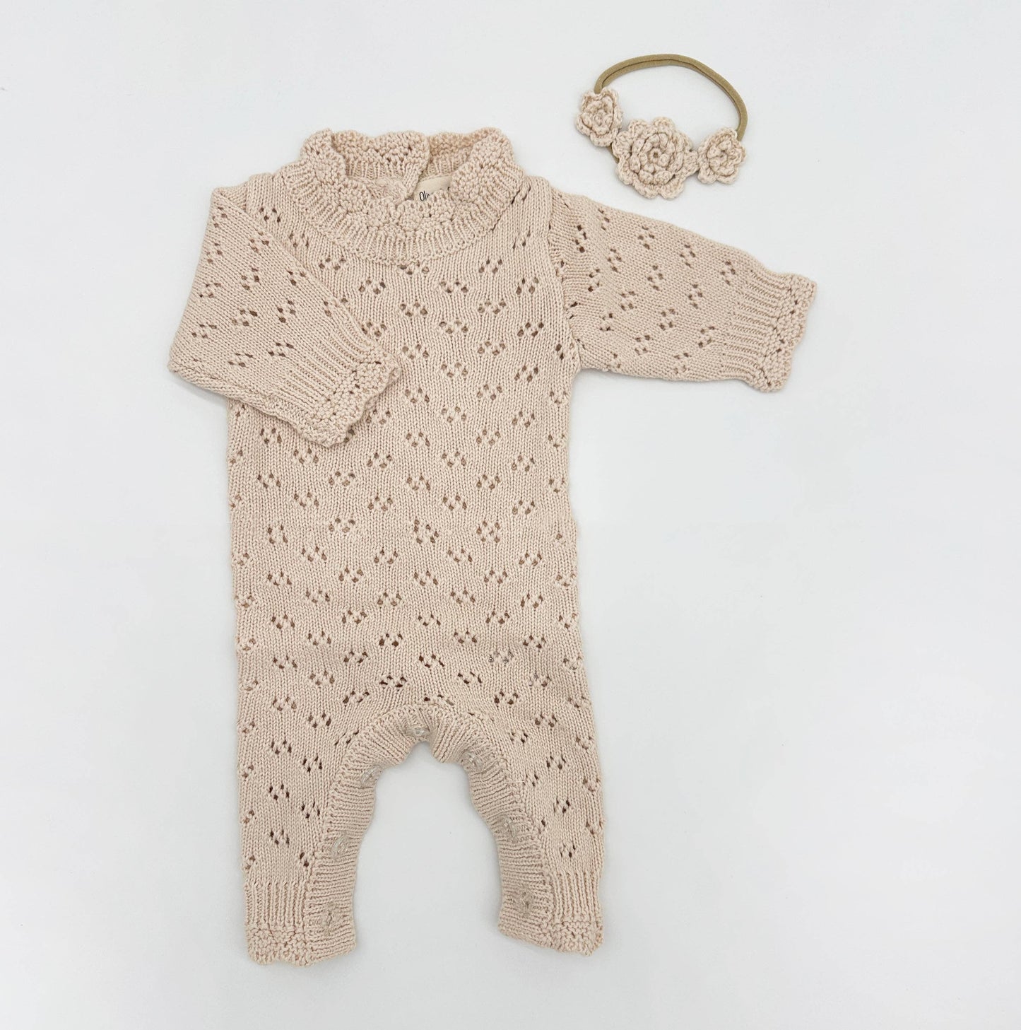 Grace Jumpsuit 3pc: APRICOT w/Bow & Bonnet/ 0-3 months
