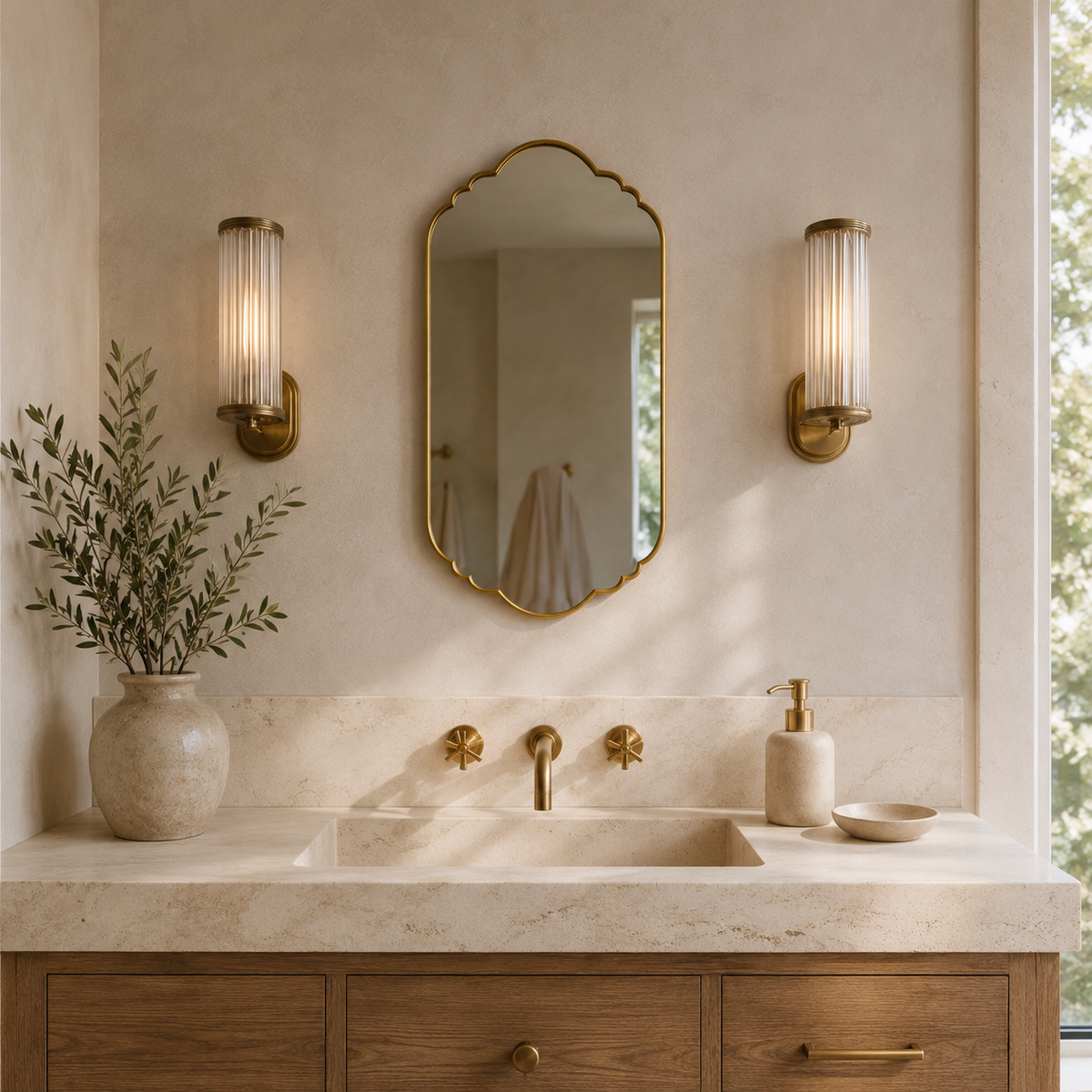Handmade Antique Brass Decorative Wall Mirror | Moroccan Scalloped Mirror: 27.5" H × 17.7" W