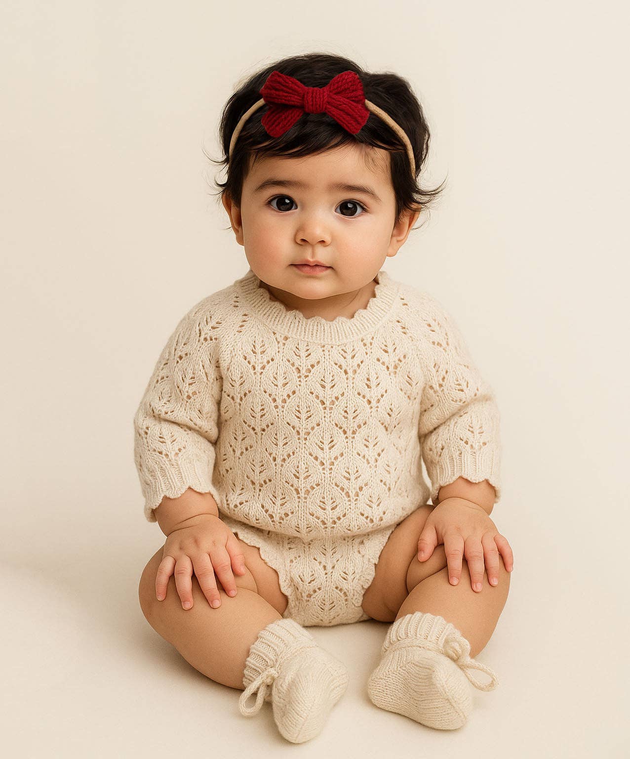 Light Cream Lacy Romper: 3pc set (romper +booties + bow) / Newborn (NB)
