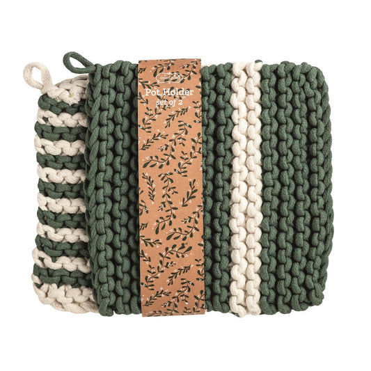 DOUBLE WHITE  & GREEN STRIPE POT HOLDER SET