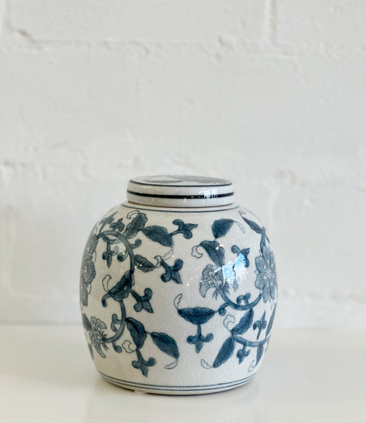 BLUE FLORAL GINGER JAR W/LID