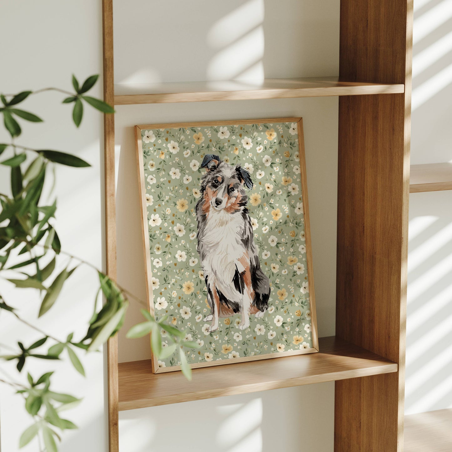 Australian Shepherd Print with Sage Floral Background: 5" x 7" (vertical)