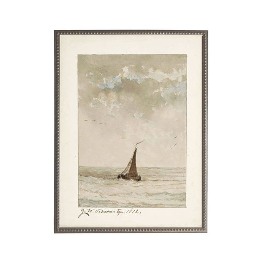Vintage watercolor sailboat scene D: Beaded gold frame 1315-70 / 8" X 10"