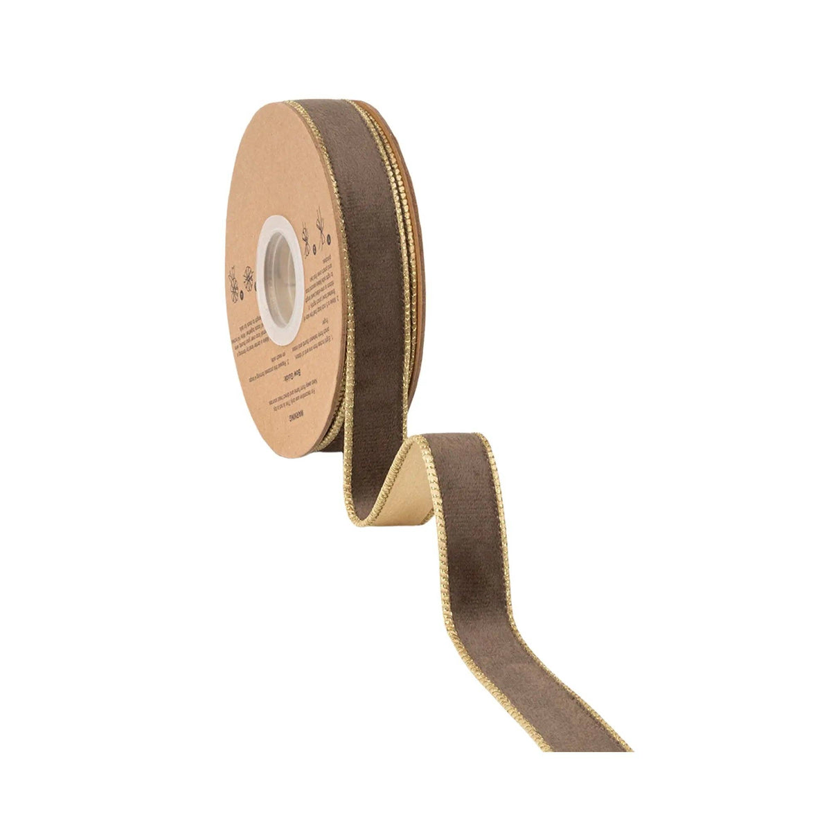 1" Reversible Classic Velvet Wired Ribbon | Brown w/ Gold Shimmer Satin Backing | 10 Yard Roll