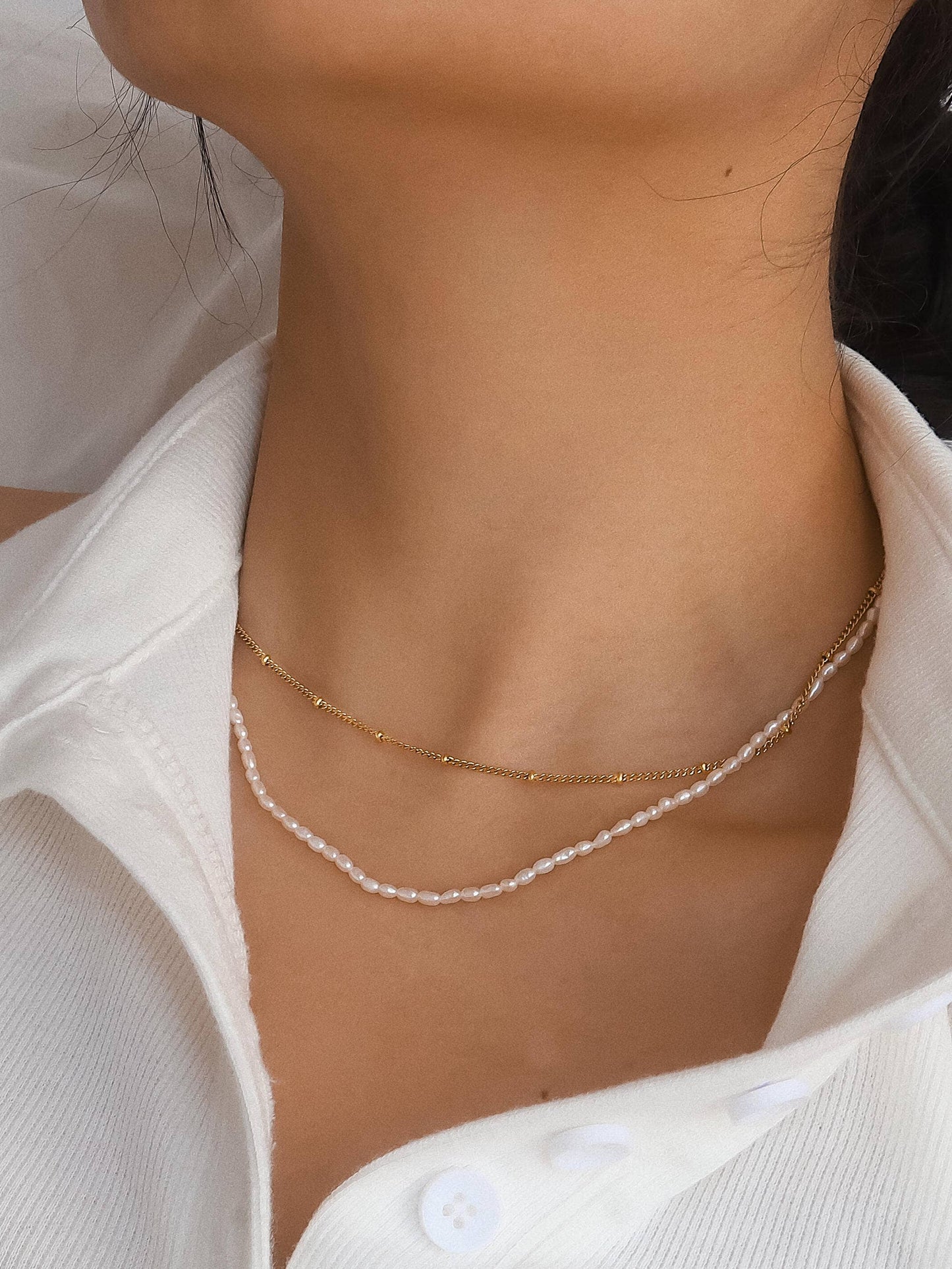 Camryn 18K Gold Non-Tarnish Layered Pearl Chain Necklace: Yellow Gold