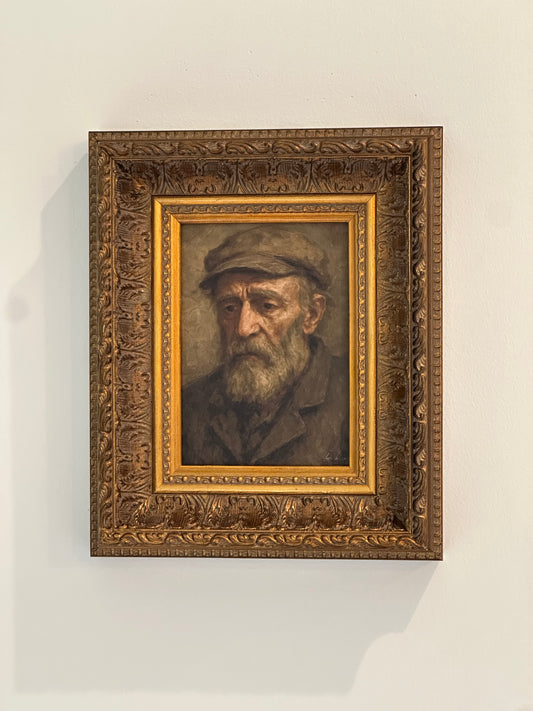 Somber Man | Antique Inspired Gold Leaf Crowned Framed Art: 5 x 7