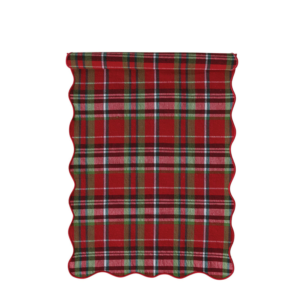 Cotton Scalloped Table Runner with Stitched Edge, Roll Tied with Cotton Tape