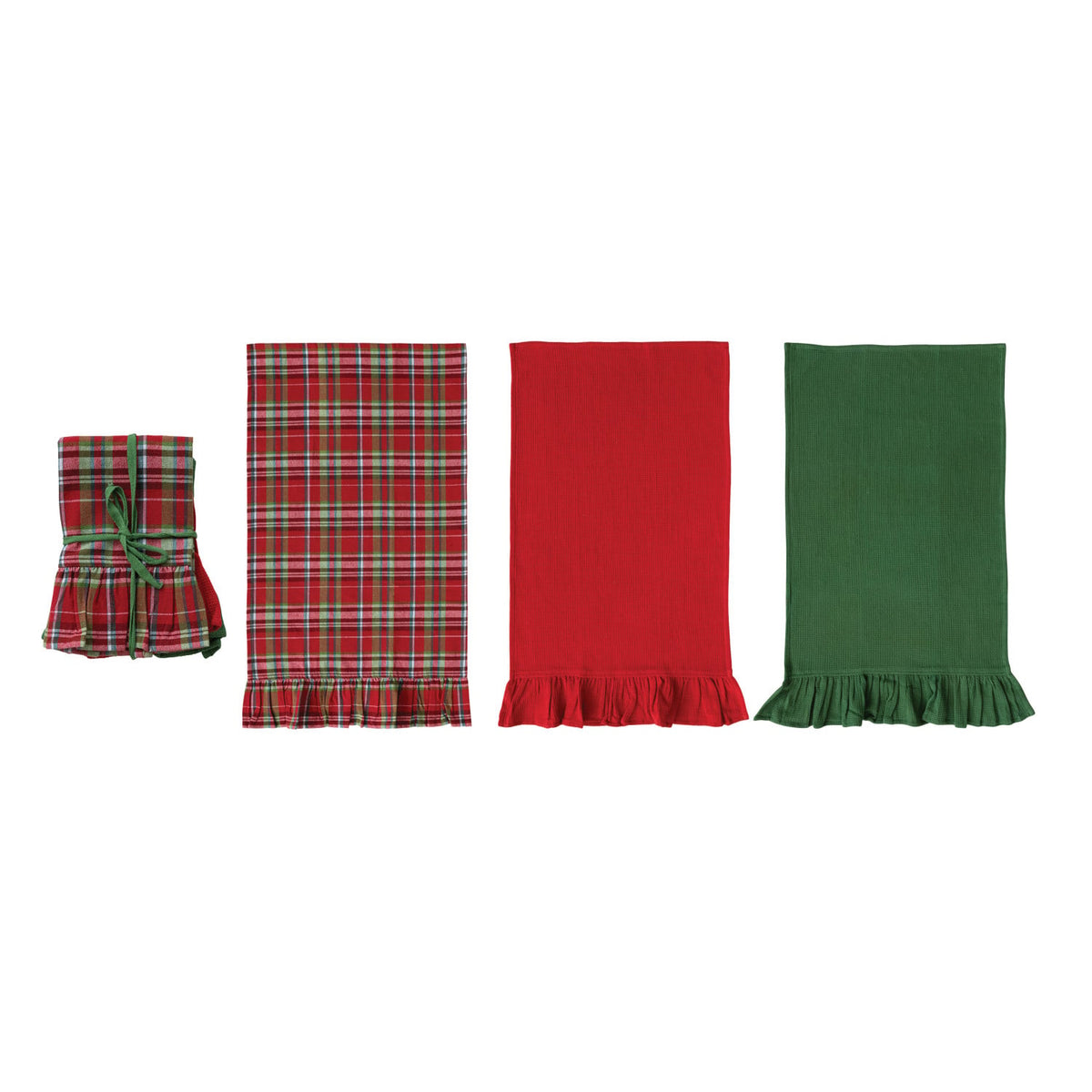 Woven Cotton Waffle Weave Tea Towels with Ruffle, Set of 3 Tied with Green Cotton Tape