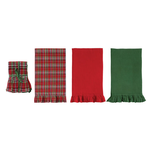Woven Cotton Waffle Weave Tea Towels with Ruffle, Set of 3 Tied with Green Cotton Tape