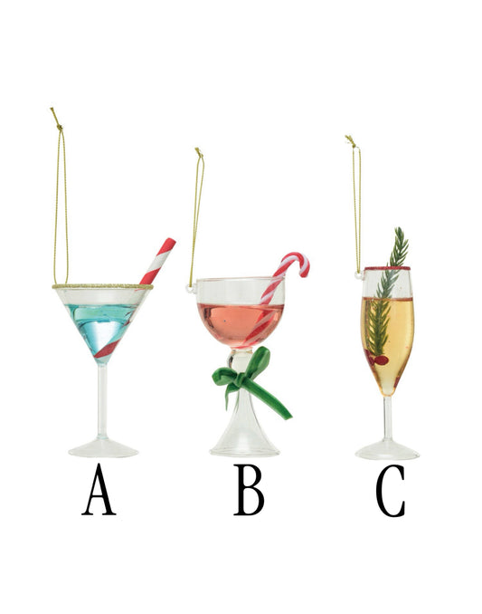 Glass Holiday Cocktail Ornament w/ Glitter, 3 Styles ©