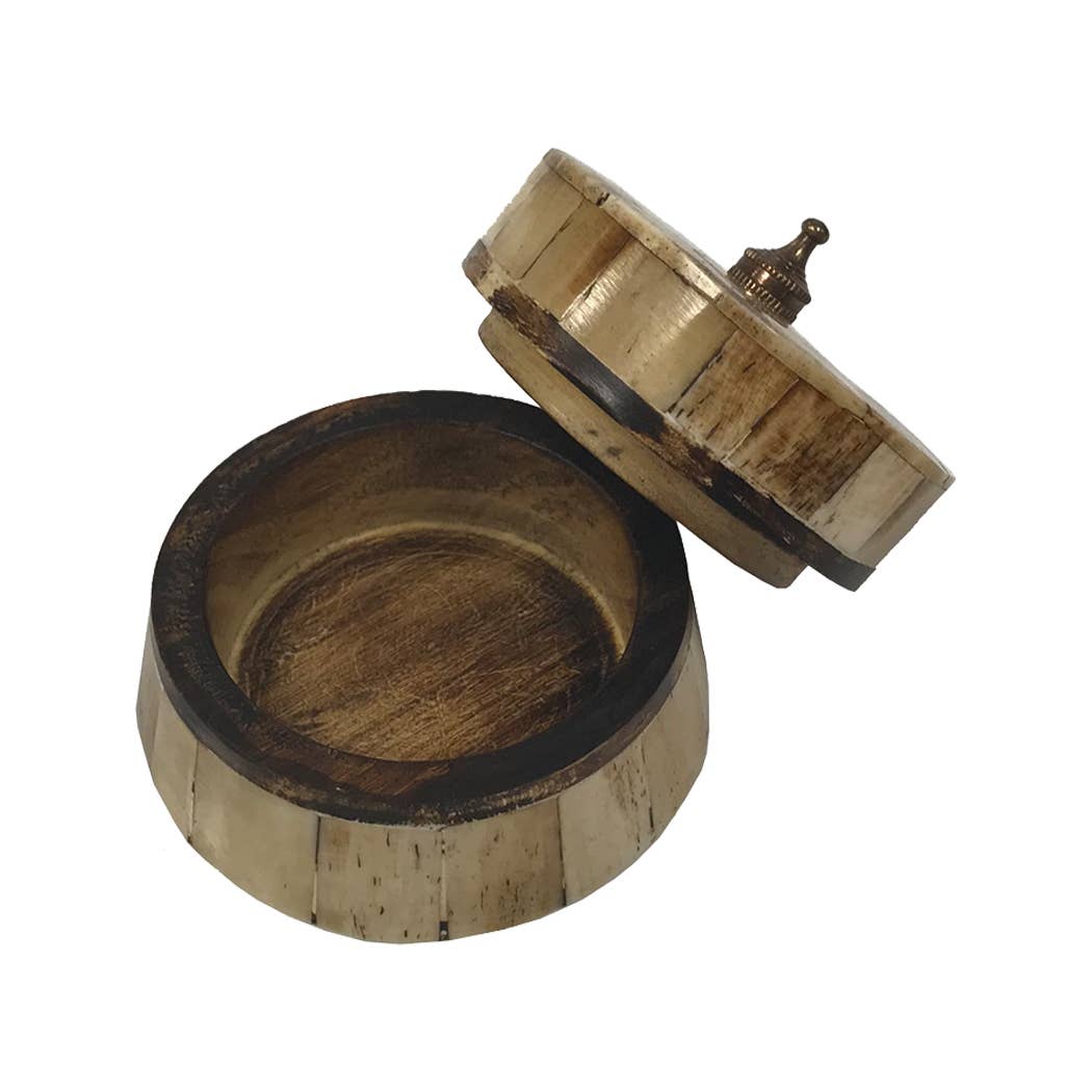 2-1/2" Antiqued Round Bone and Wooden Box, Brass Pull on Top