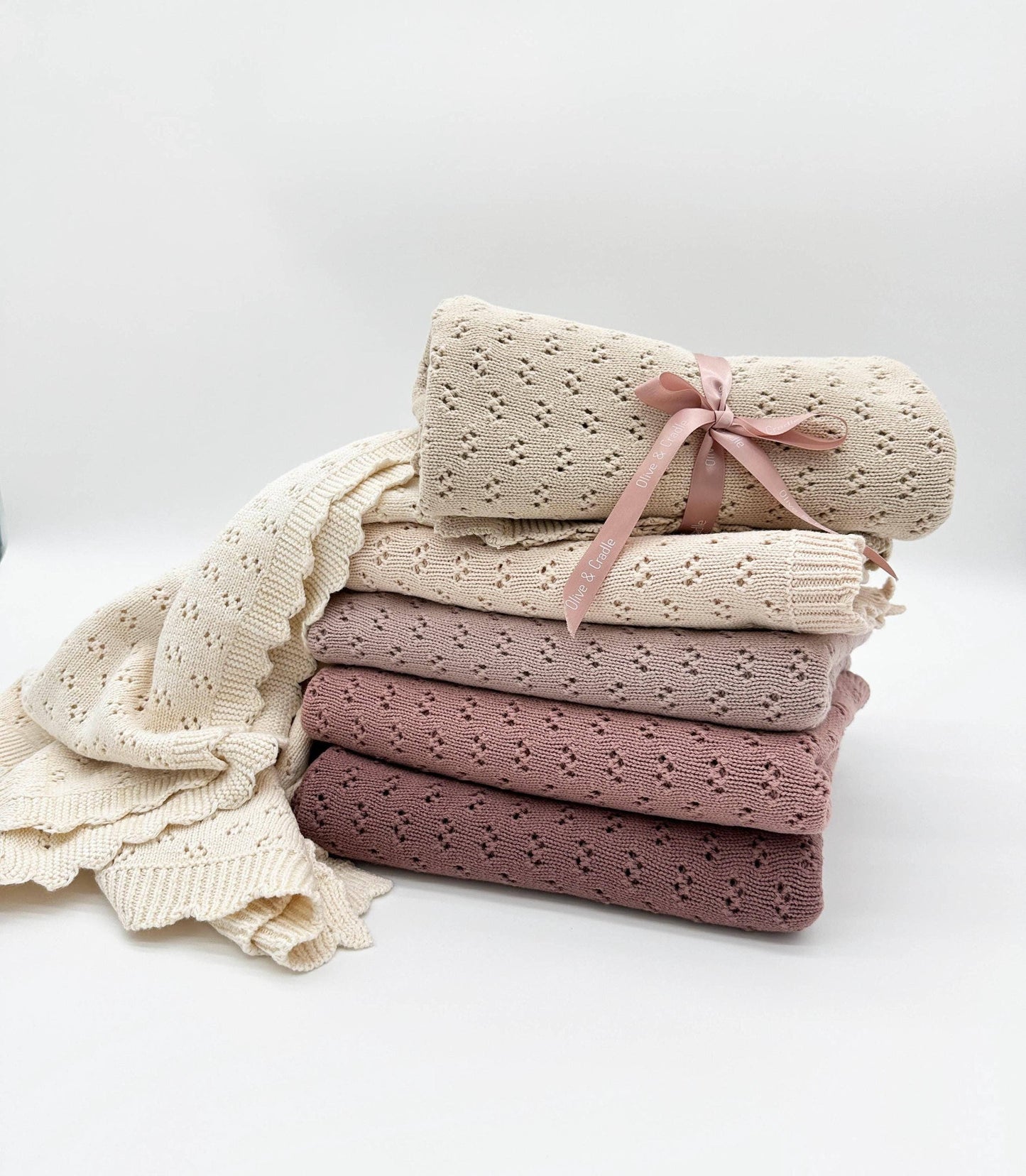 Grace Knitted Cotton Baby Blanket: Dusty pink