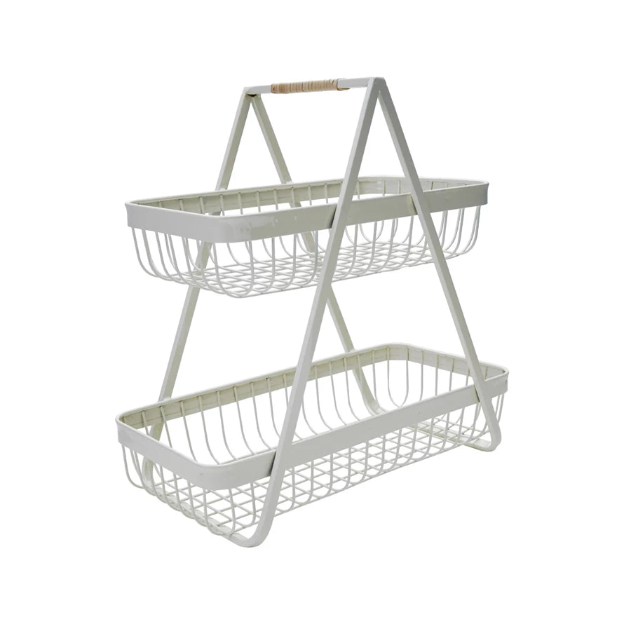 Decorative Metal 2-Tier Tray with Rattan Wrapped Handle, White