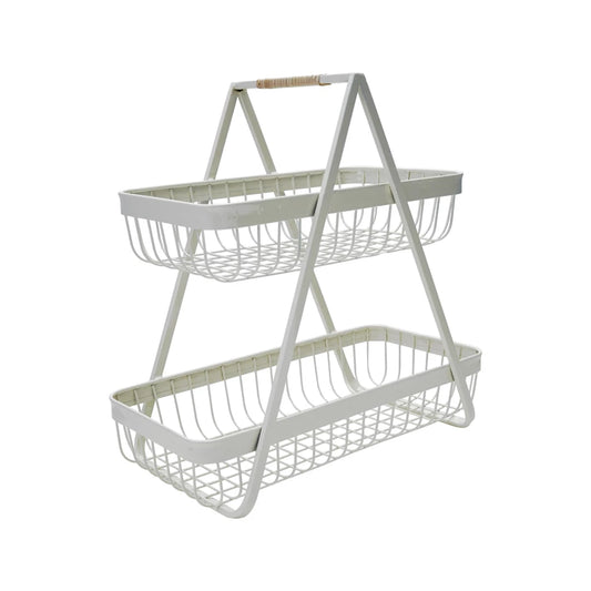 Decorative Metal 2-Tier Tray with Rattan Wrapped Handle, White