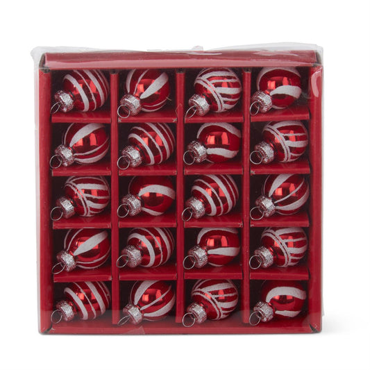BOX OF 20 MINI 1 INCH RED & WHITE STRIPED GLASS ORNAMENTS