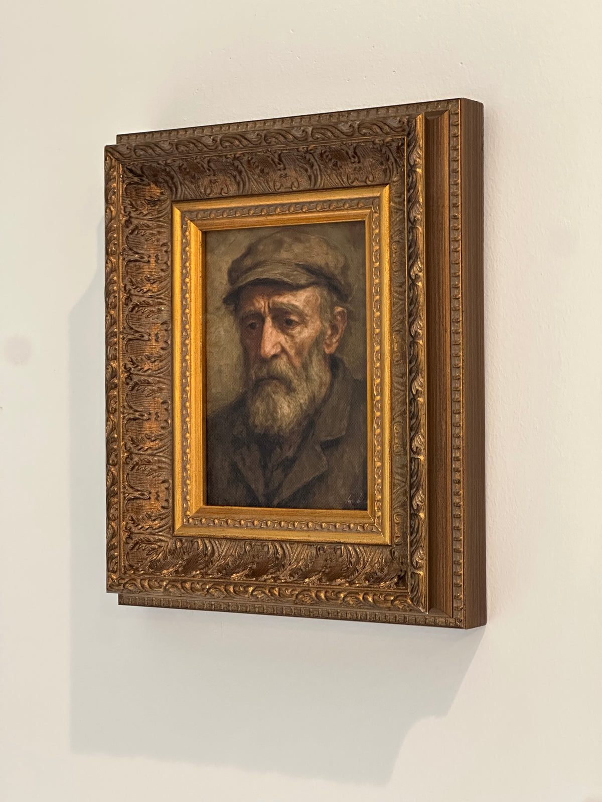 Somber Man | Antique Inspired Gold Leaf Crowned Framed Art: 5 x 7