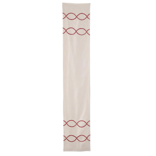 72 INCH CREAM TABLE RUNNER W/RED AND CREAM BRAIDED PATTERN