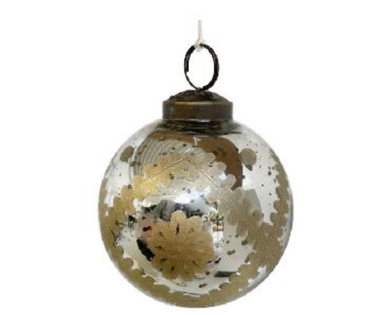 Glass Silver Ball Ornament with Gold Antique Etching