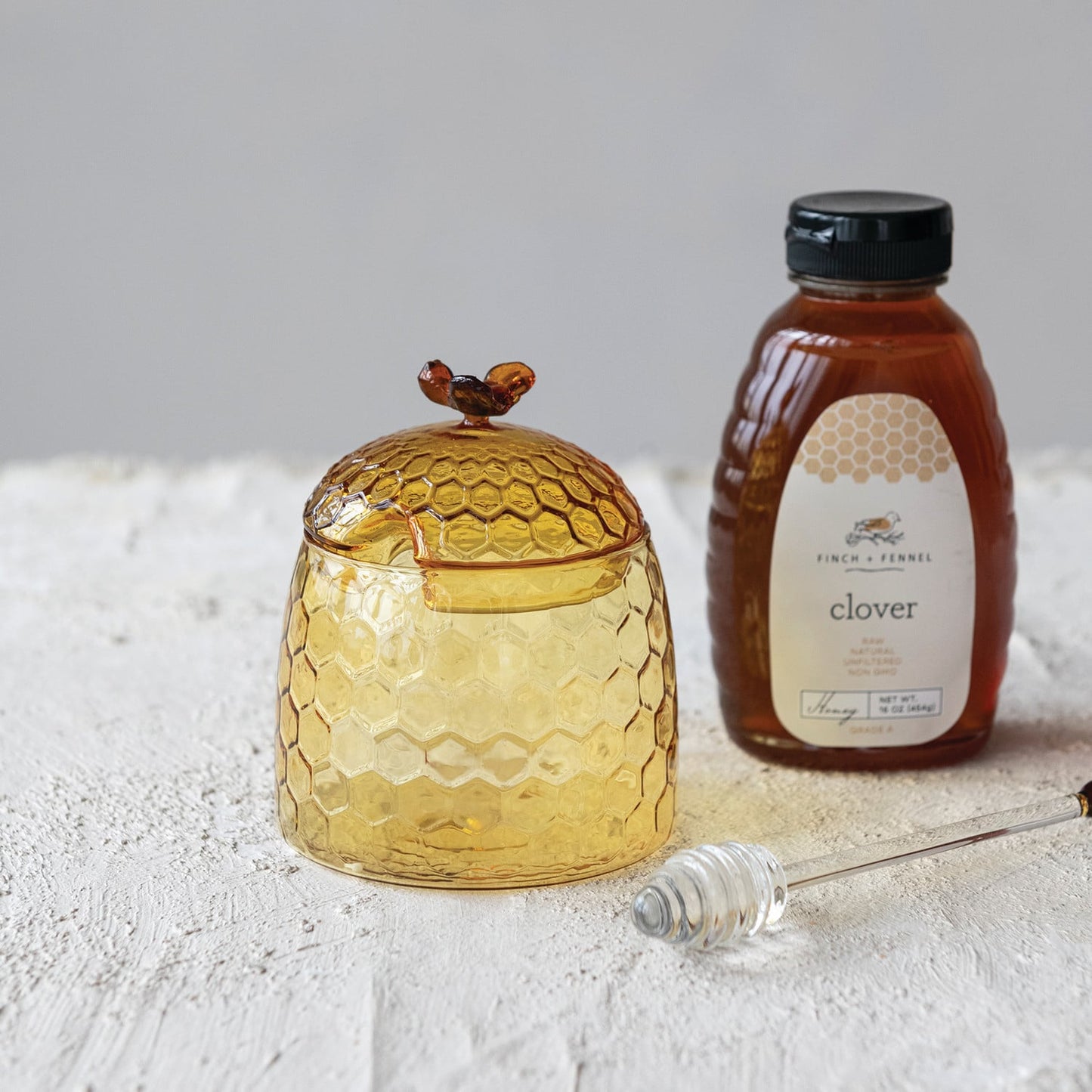 Glass Honey Jar with Bee Finial, Honey Dipper & Lid, Yellow & Amber Color, Set of 2